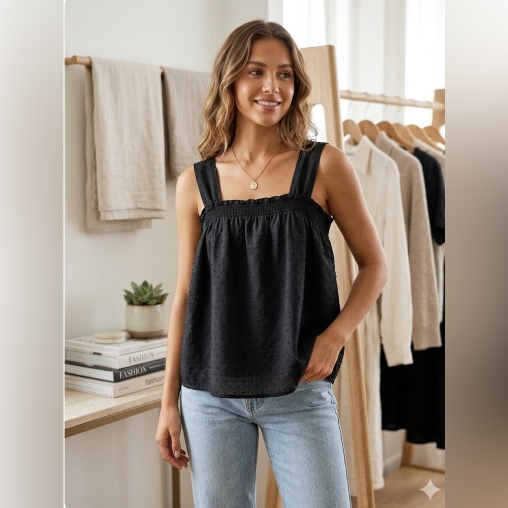 EUC LOFT Black Square-Neck Swiss Dot Tank Top